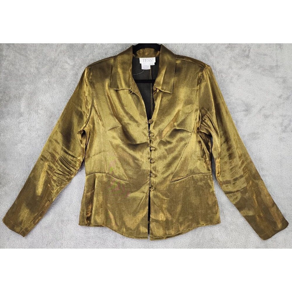 Tess Shirt‎ Womens 10 Gold Metallic Retro Button Up Long Sleeve Blouse Vintage